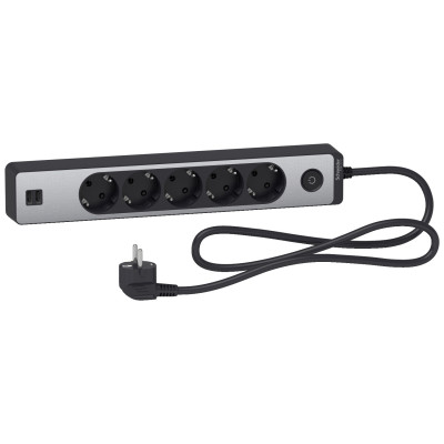 Подовжувач на 5 розеток з заземленням+2*usb-розетки, 1.5м, чорний з алюм.