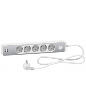 Подовжувач на 5 розеток з заземленням+2*usb-розетки, 1.5м, білий з алюм.