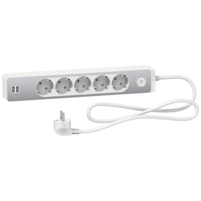 Подовжувач на 5 розеток з заземленням+2*usb-розетки, 1.5м, білий з алюм.