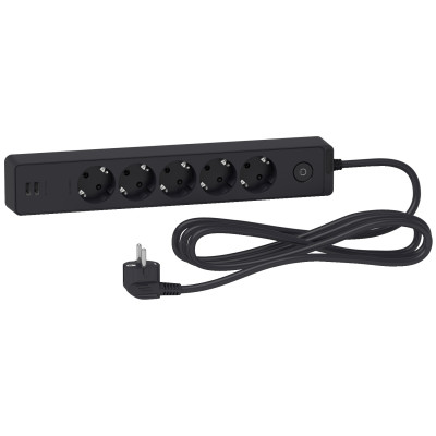 Подовжувач unica extend на 5 розеток з заземленням+2*usb-розетки, 3м, чорний