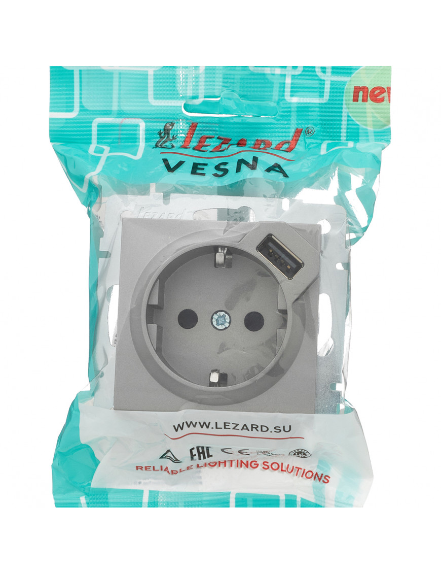 VESNA  Розетка з заземленням + USB Платина [10 шт/уп.]